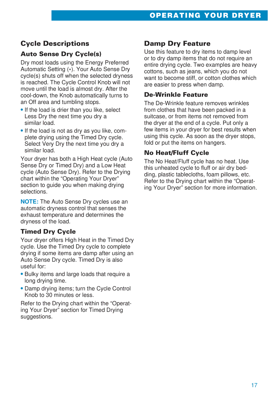 Whirlpool 3406874 warranty Cycle Descriptions, Damp Dry Feature 