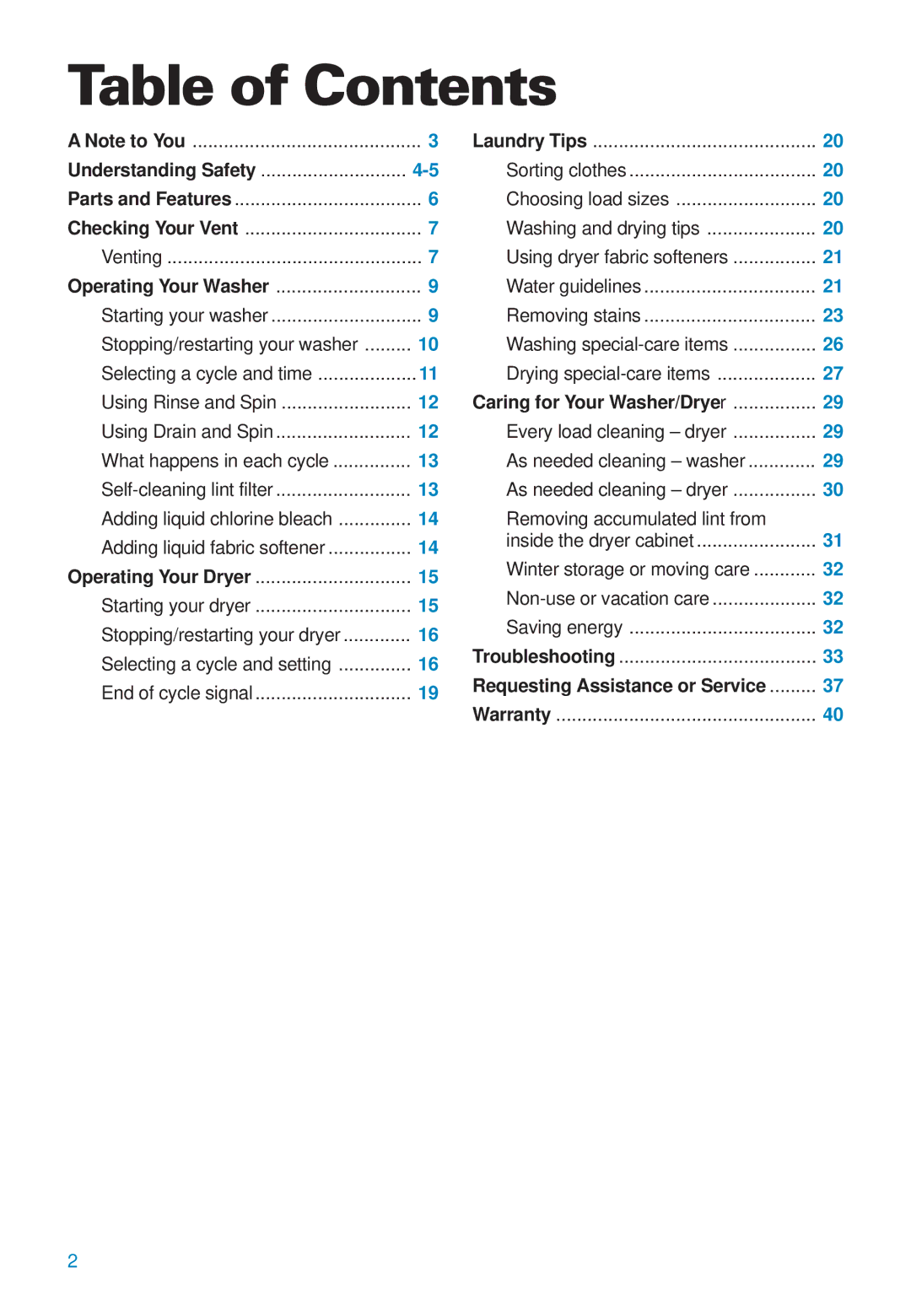 Whirlpool 3406874 warranty Table of Contents 