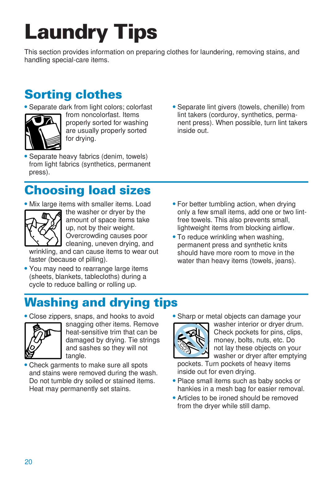 Whirlpool 3406874 warranty Laundry Tips, Sorting clothes, Choosing load sizes, Washing and drying tips 