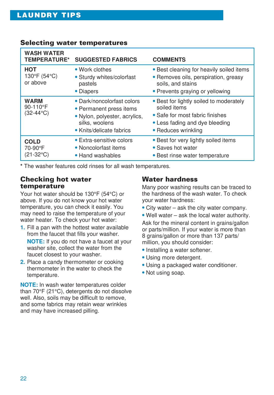 Whirlpool 3406874 warranty Selecting water temperatures, Checking hot water temperature, Water hardness 