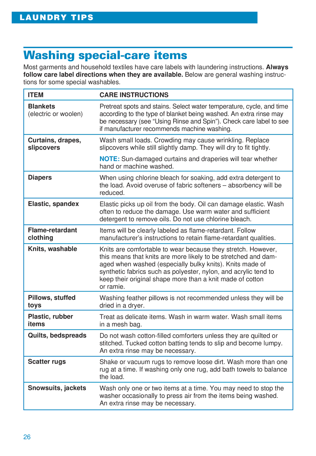 Whirlpool 3406874 warranty Washing special-care items, Care Instructions 