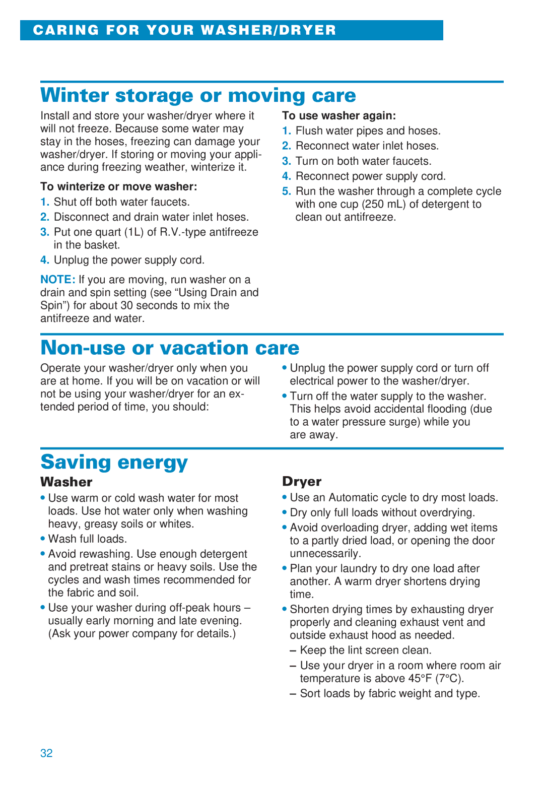 Whirlpool 3406874 warranty Winter storage or moving care, Non-use or vacation care, Saving energy, Washer, Dryer 