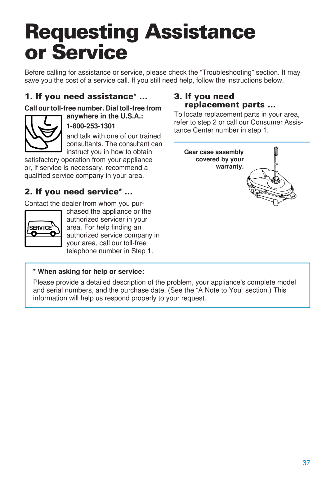 Whirlpool 3406874 warranty Requesting Assistance or Service, If you need assistance* …, If you need service* … 