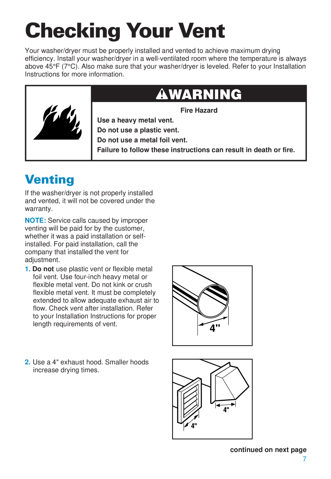 Whirlpool 3406874 warranty Checking Your Vent, Venting, On next 