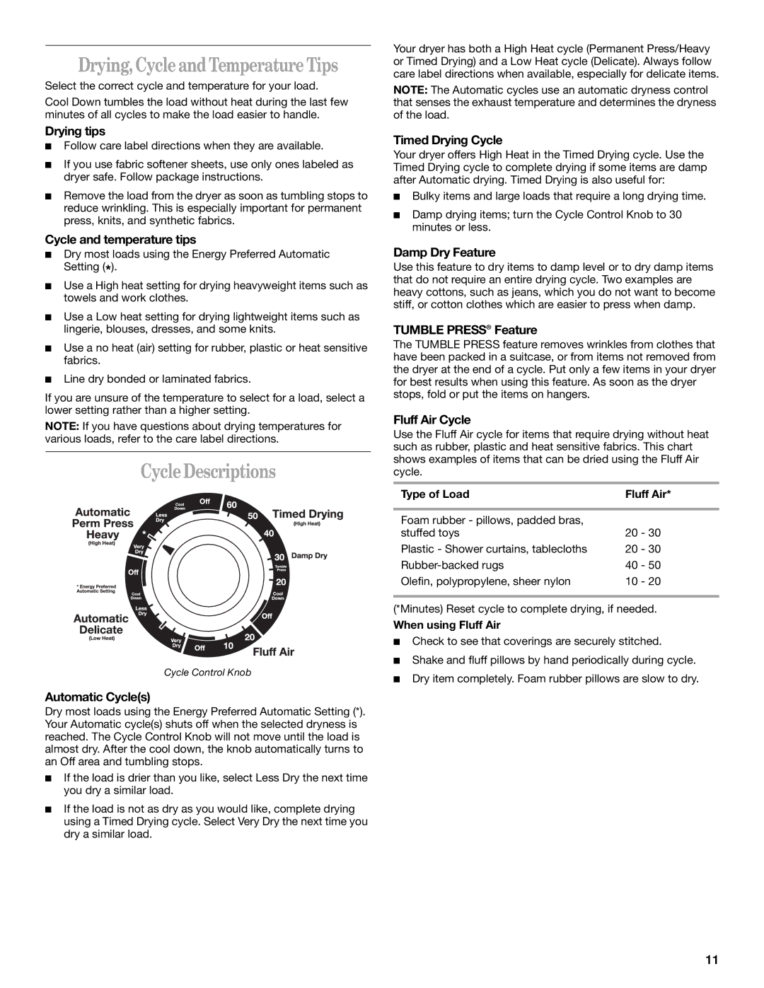 Whirlpool 3406876 manual Drying,Cycle and Temperature Tips, Cycle Descriptions 