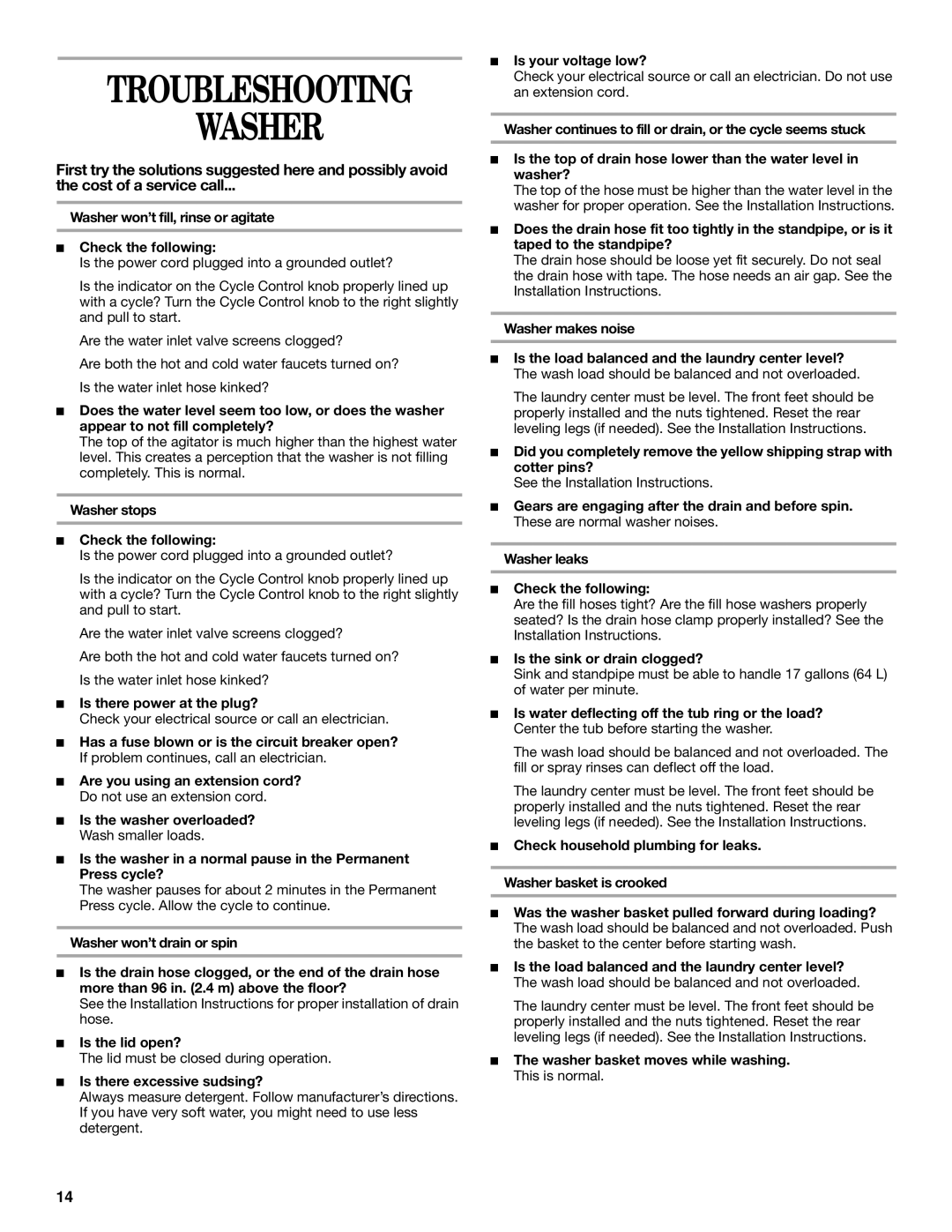 Whirlpool 3406876 manual Troubleshooting Washer 