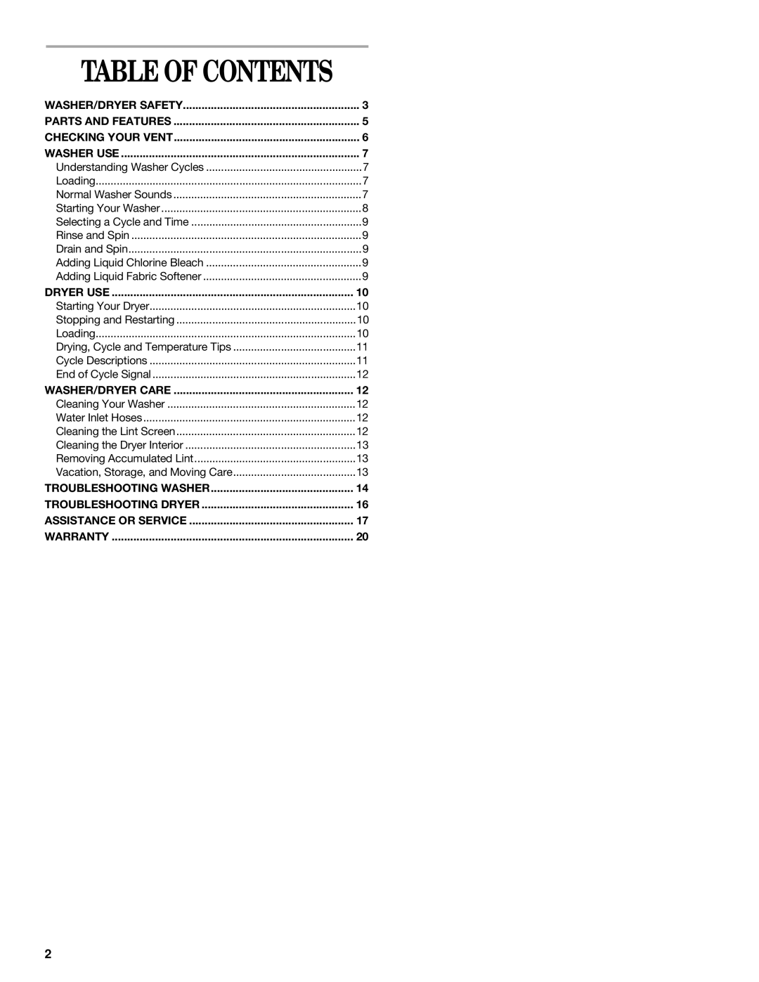 Whirlpool 3406876 manual Table of Contents 