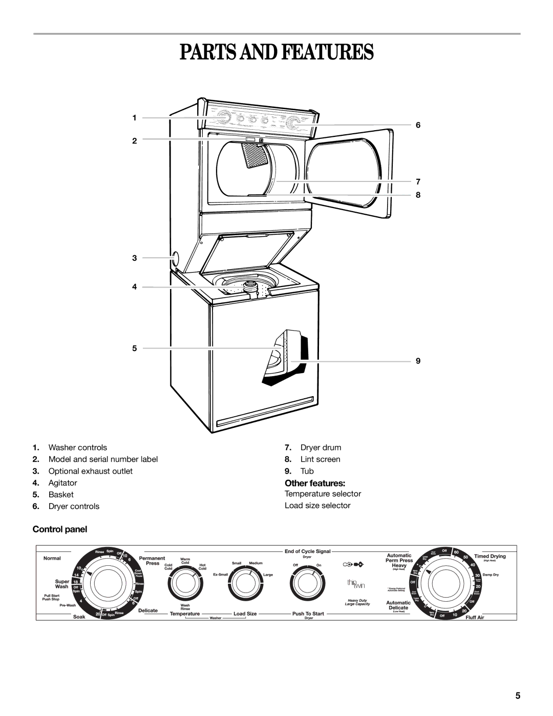 Whirlpool 3406876 manual Parts and Features, Other features, Control panel 