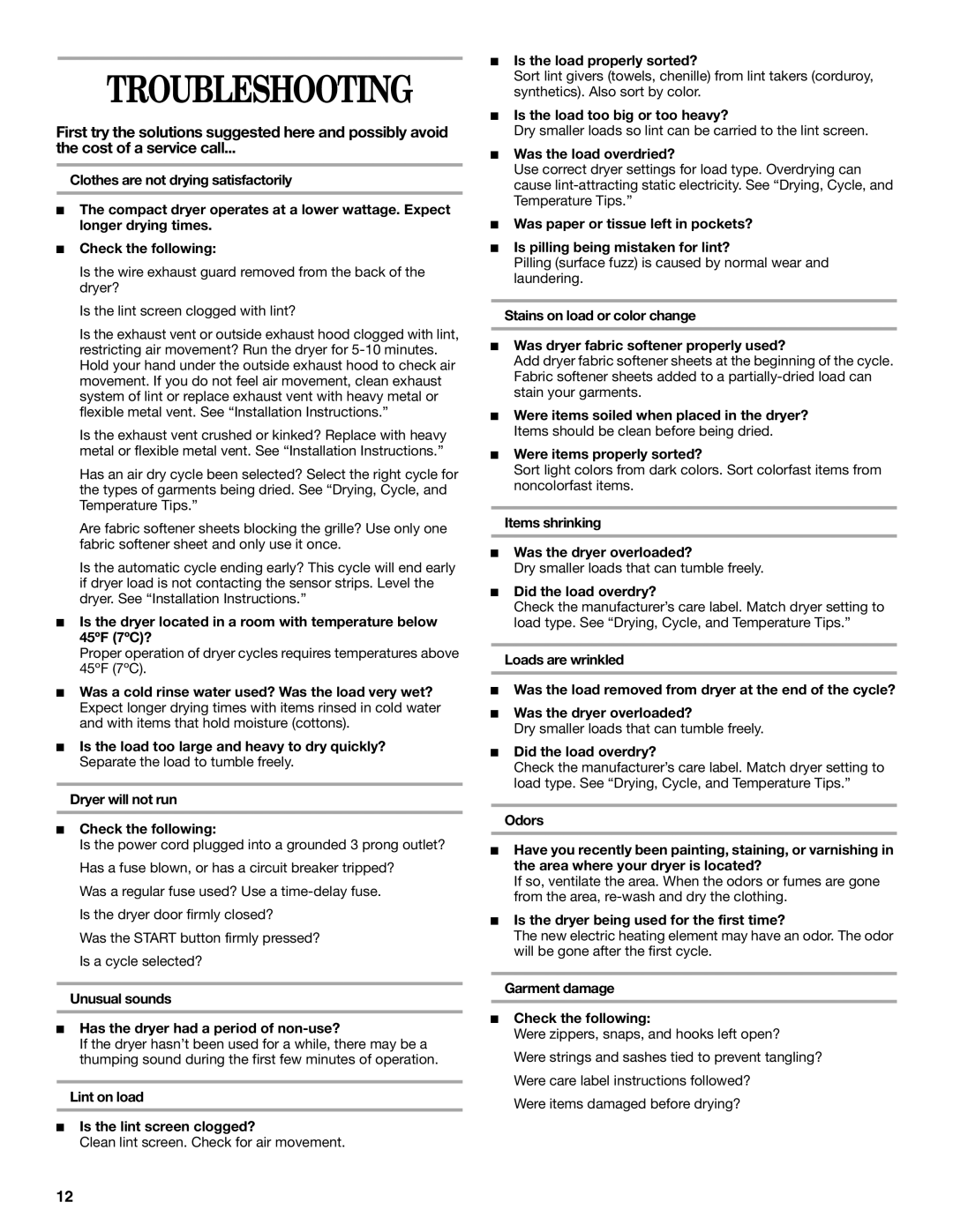 Whirlpool 3406879 manual Troubleshooting 