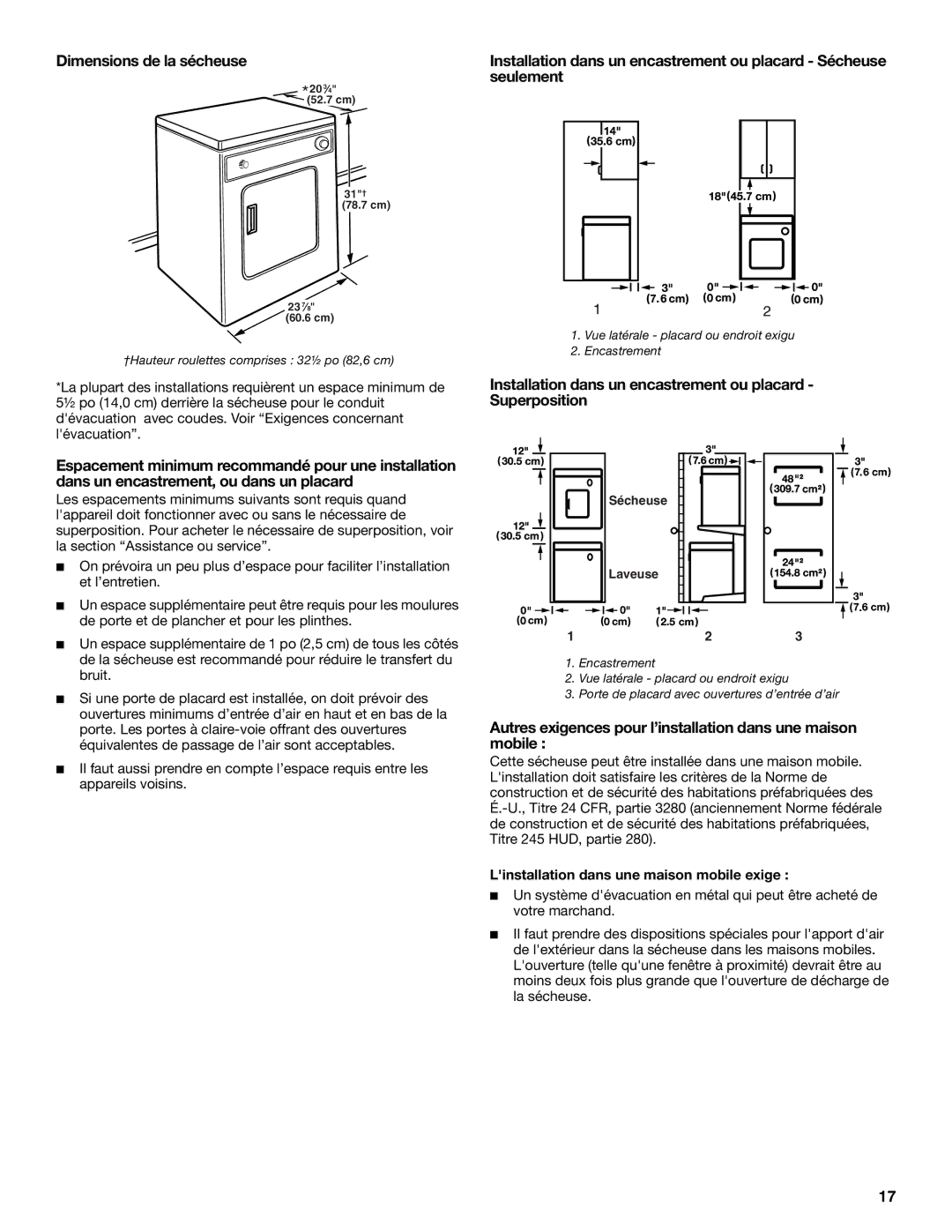 Whirlpool 3406879 manual Dimensions de la sécheuse, Installation dans un encastrement ou placard Superposition 