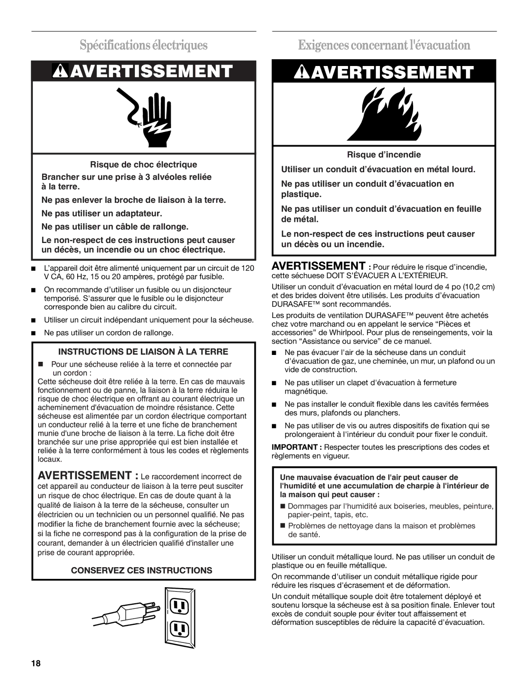 Whirlpool 3406879 manual Spécifications électriques, Exigences concernant lévacuation 