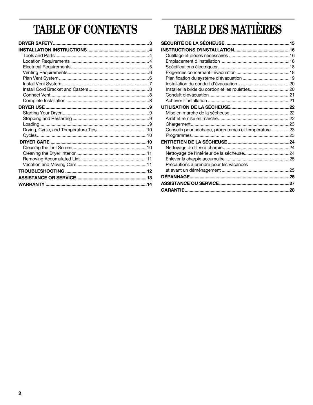 Whirlpool 3406879 manual Table DES Matières 