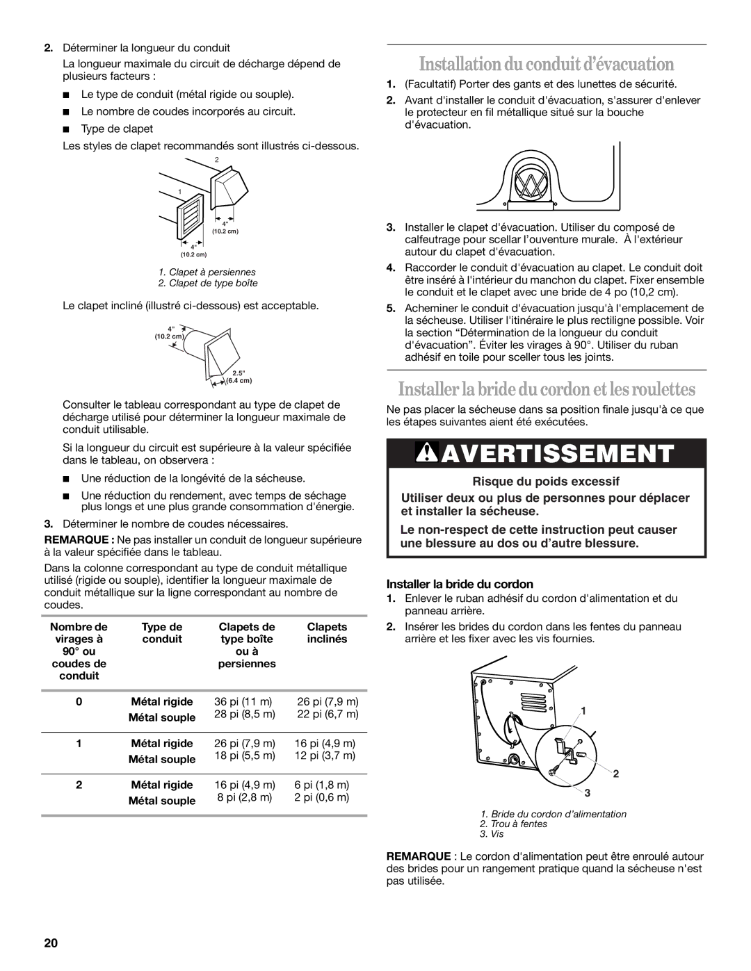 Whirlpool 3406879 manual Installation du conduit d’évacuation, Installer la bride du cordon et les roulettes 