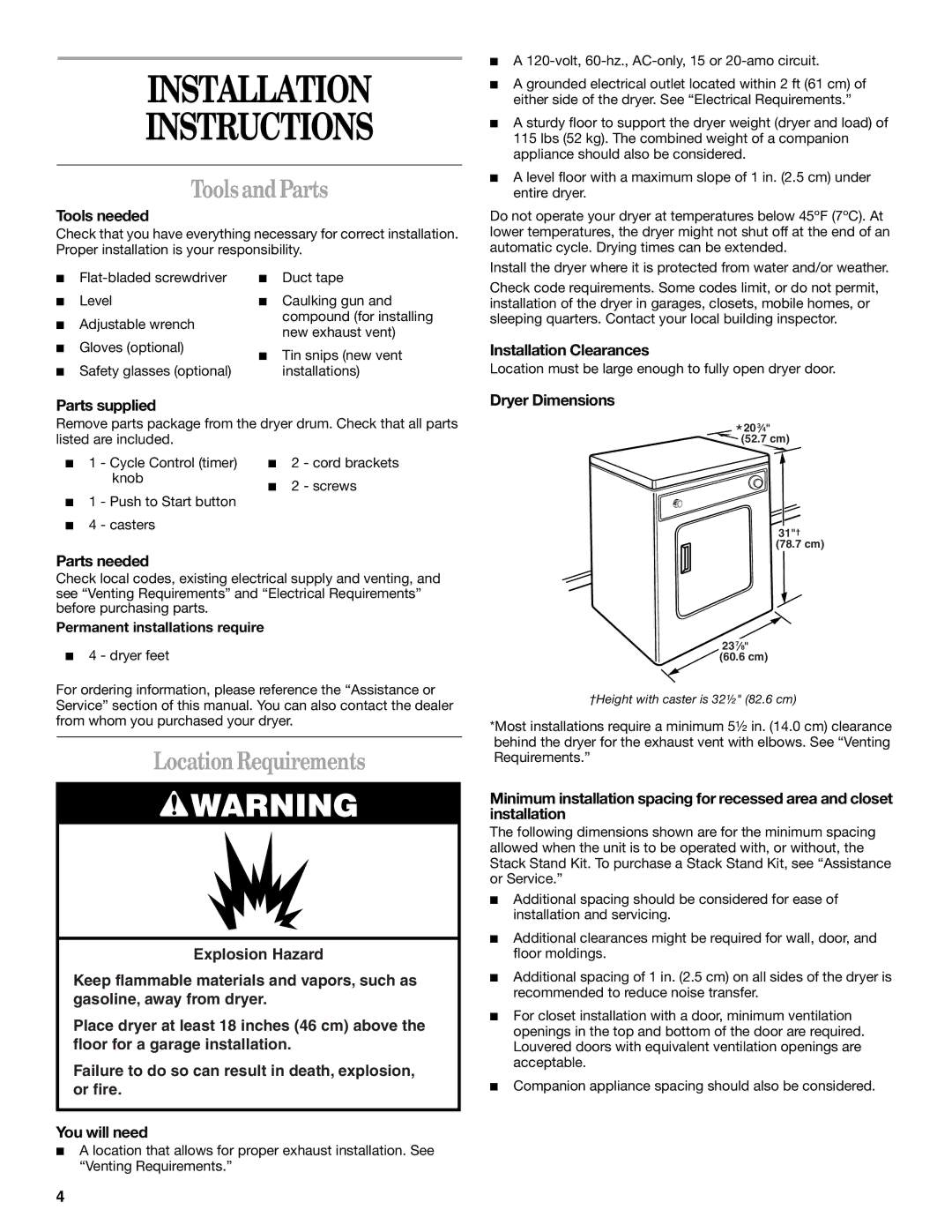 Whirlpool 3406879 manual Installation Instructions, Tools and Parts, Location Requirements 