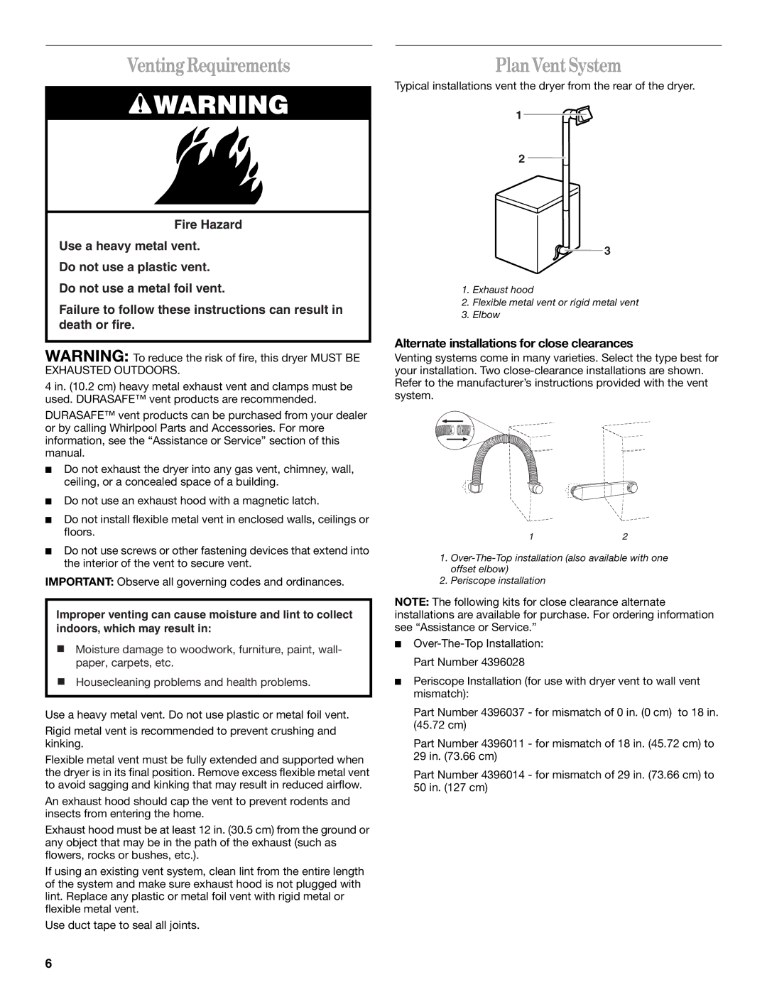 Whirlpool 3406879 manual Venting Requirements, Plan Vent System, Alternate installations for close clearances 