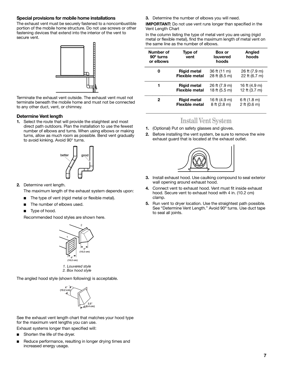 Whirlpool 3406879 manual Install Vent System, Special provisions for mobile home installations, Determine Vent length 