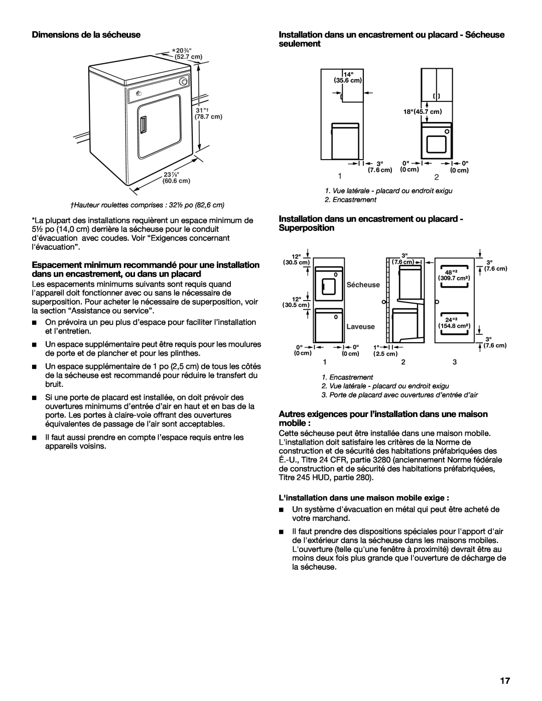 Whirlpool 3406879 manual Dimensions de la sécheuse, Installation dans un encastrement ou placard - Sécheuse seulement 