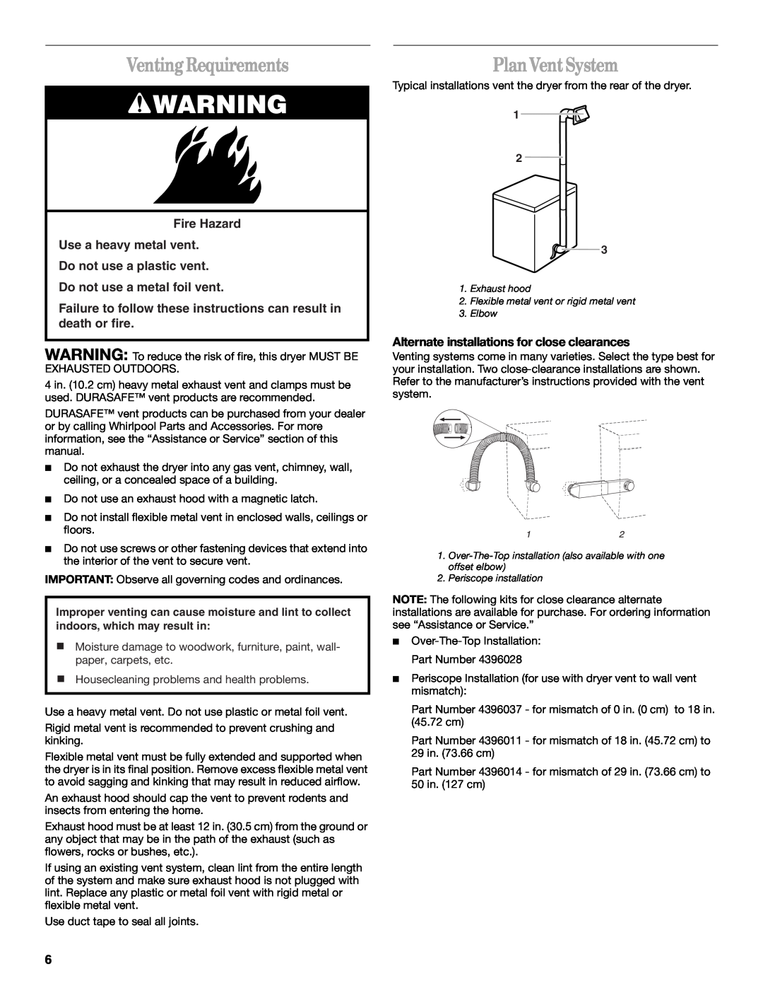 Whirlpool 3406879 Venting Requirements, Plan Vent System, Fire Hazard Use a heavy metal vent Do not use a plastic vent 