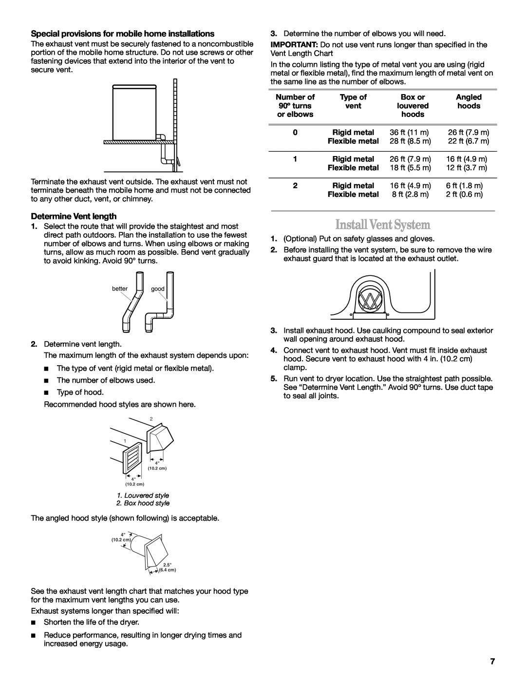 Whirlpool 3406879 manual Install Vent System, Special provisions for mobile home installations, Determine Vent length 