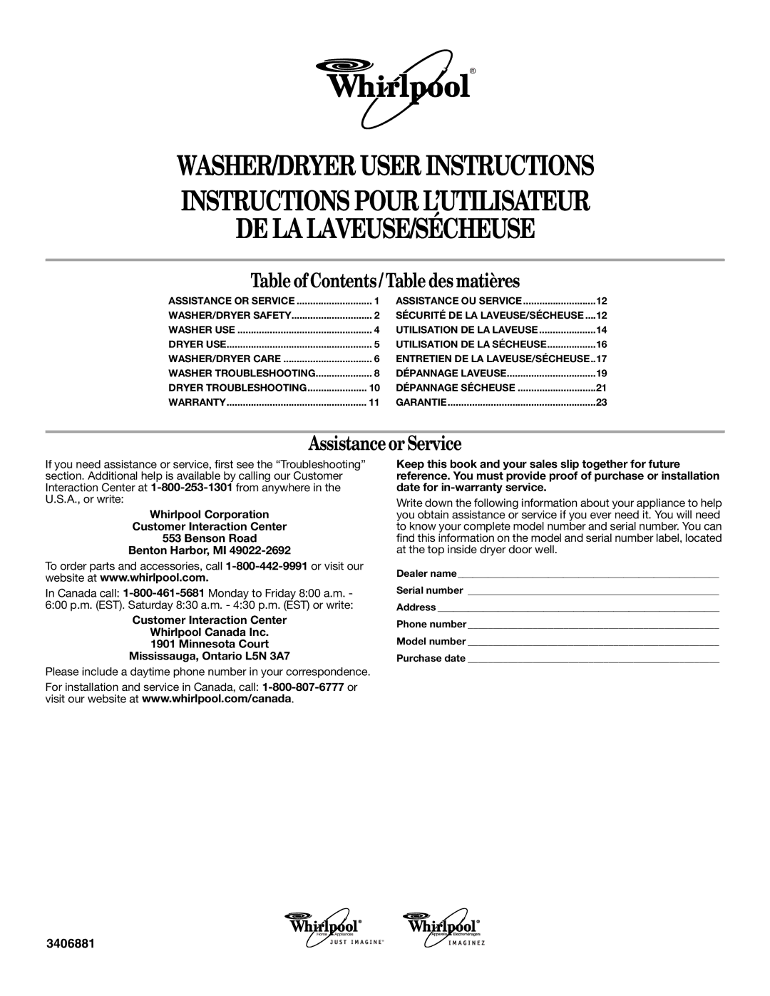 Whirlpool 3406881 warranty Table of Contents / Table des matières 