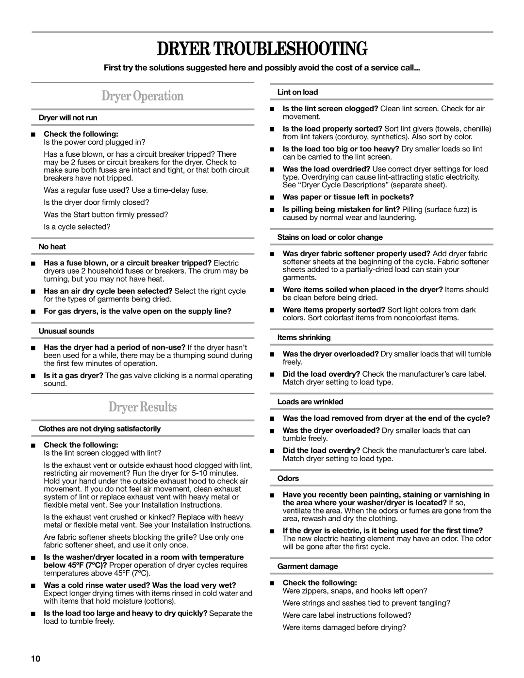 Whirlpool 3406881 warranty Dryer Troubleshooting, Dryer Operation, Dryer Results 