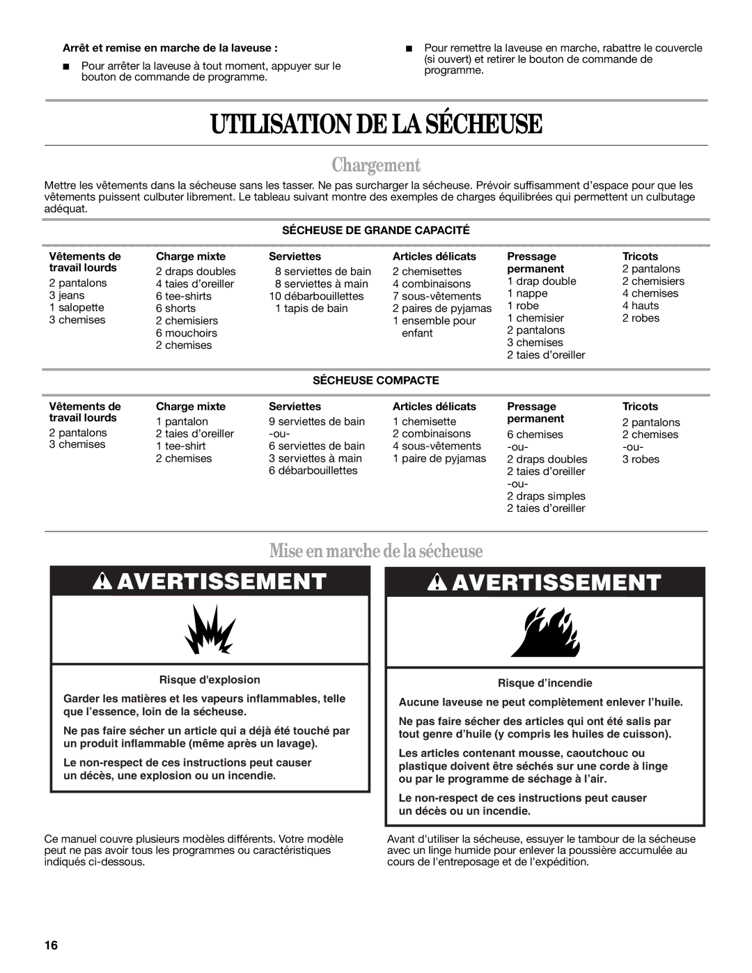 Whirlpool 3406881 Utilisation DE LA Sécheuse, Mise en marche de la sécheuse, Arrêt et remise en marche de la laveuse 