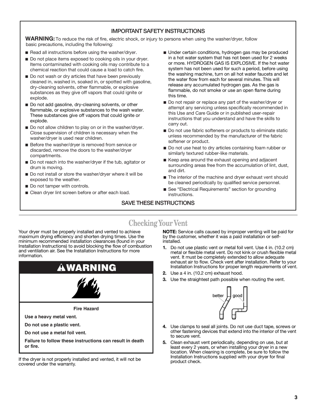 Whirlpool 3406881 warranty Checking Your Vent, Important Safety Instructions 