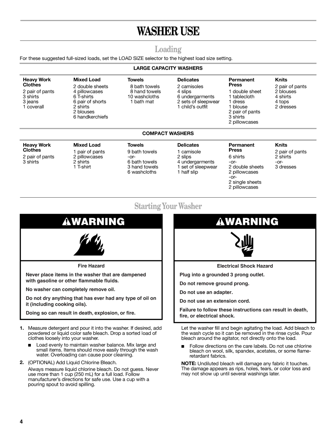 Whirlpool 3406881 warranty Washer USE, Loading, Starting Your Washer, Large Capacity Washers, Compact Washers 