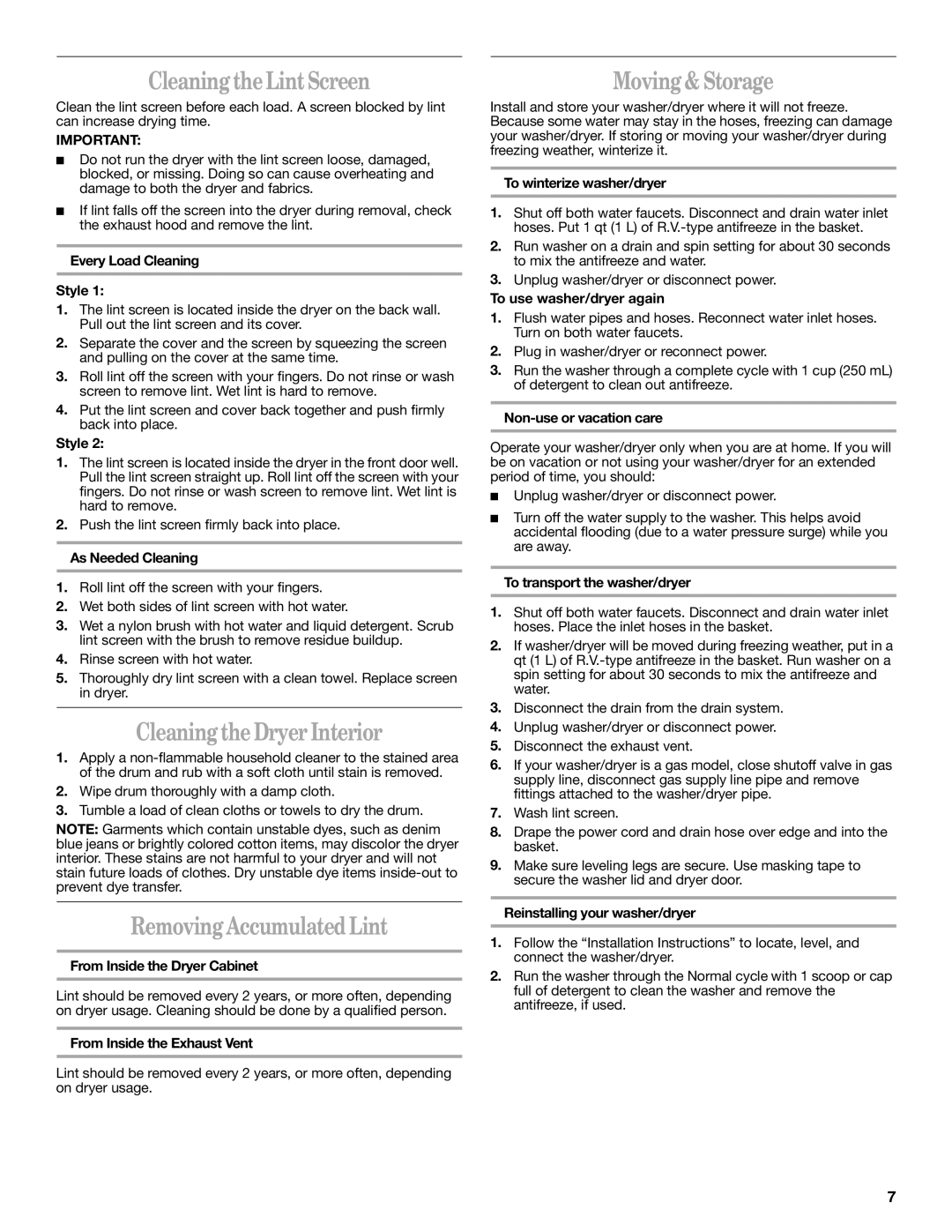 Whirlpool 3406881 Cleaning the Lint Screen, Cleaning the Dryer Interior, Removing Accumulated Lint, Moving & Storage 