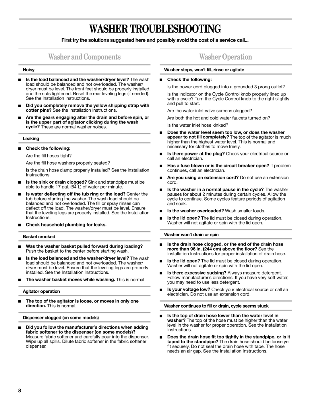 Whirlpool 3406881 warranty Washer Troubleshooting, Washer and Components, Washer won’t drain or spin 