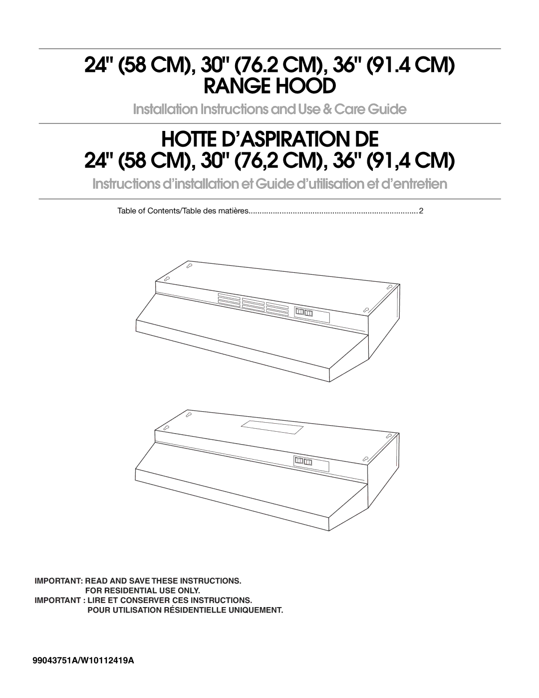 Whirlpool 24 (58 CM), 36 (91.4 CM), 30 (76.2 CM) installation instructions Range Hood 