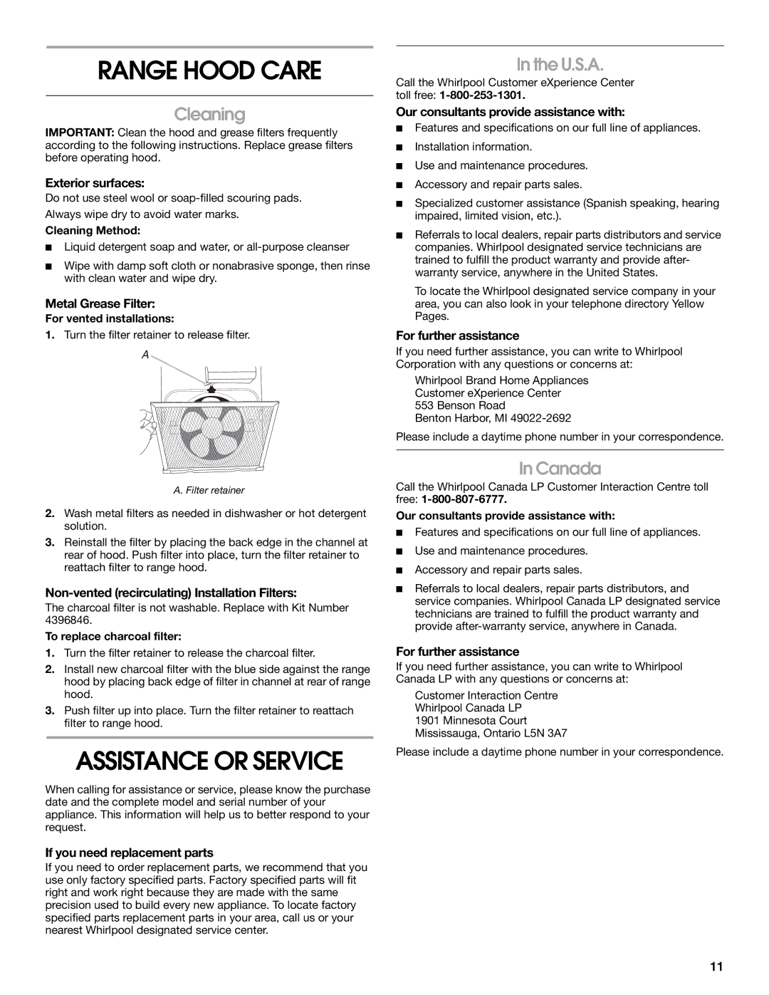 Whirlpool 30 (76.2 CM), 36 (91.4 CM), 24 (58 CM) installation instructions Range Hood Care, Cleaning, U.S.A, Canada 