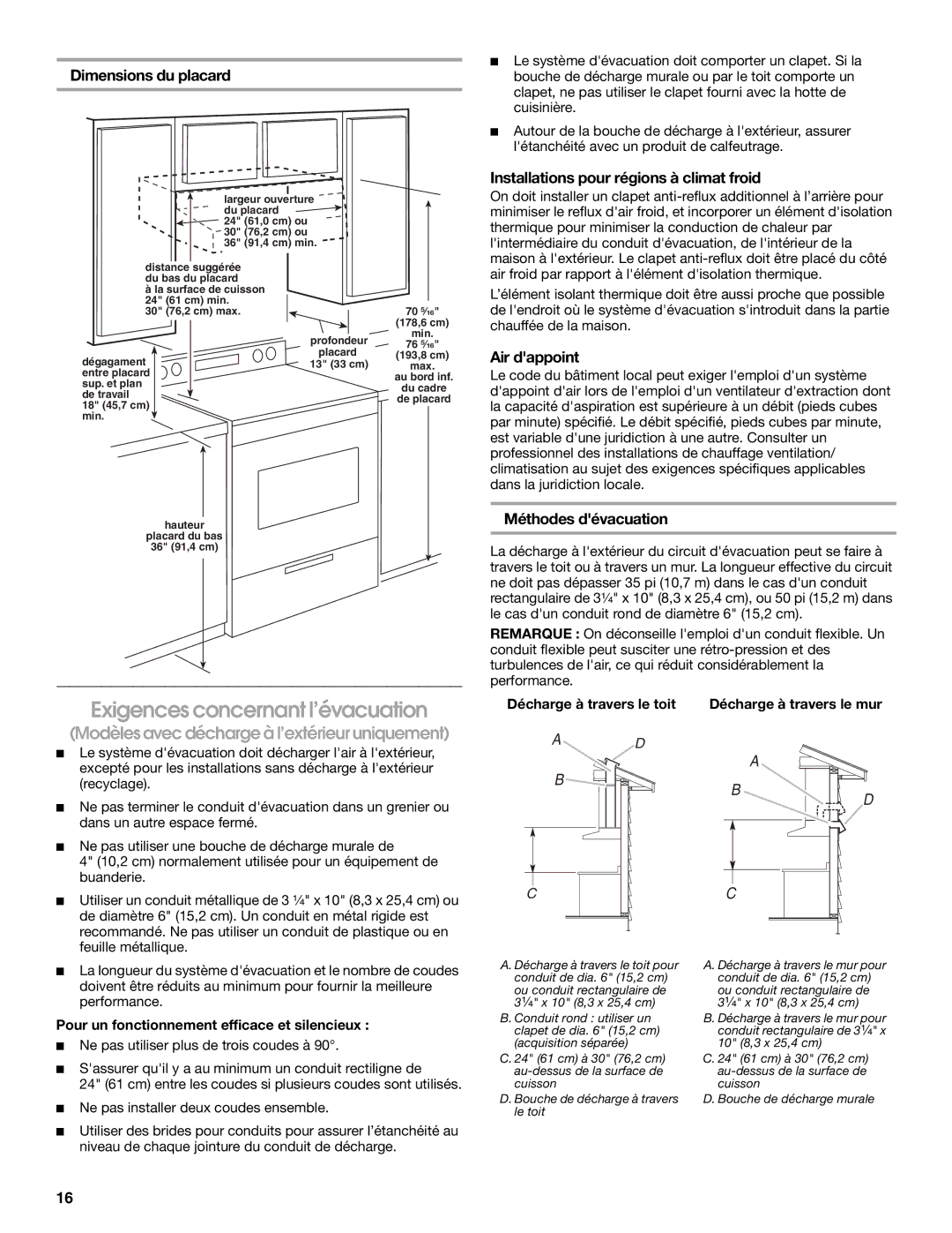 Whirlpool 24 (58 CM) Exigences concernant l’évacuation, Installations pour régions à climat froid, Air dappoint 