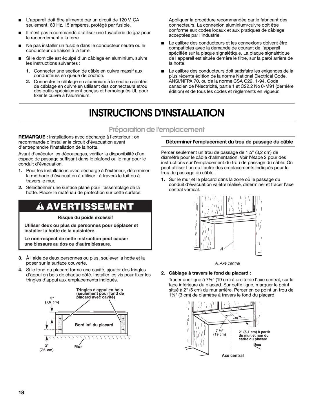 Whirlpool 36 (91.4 CM) Instructions Dinstallation, Préparation de lemplacement, Câblage à travers le fond du placard 