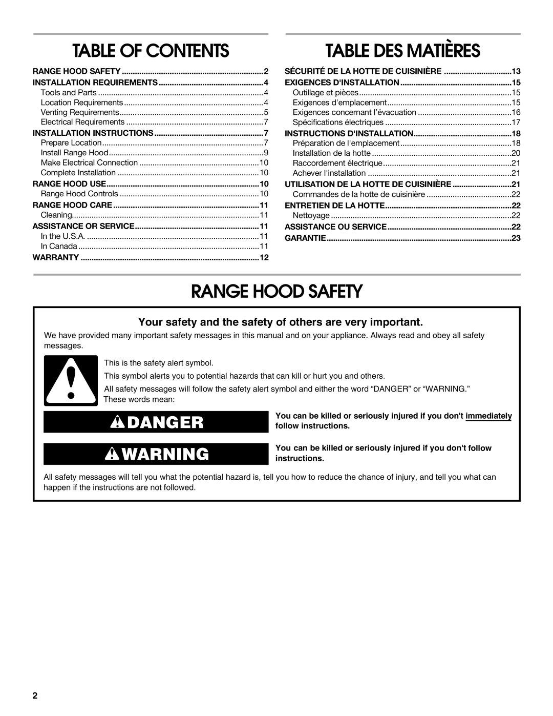 Whirlpool 30 (76.2 CM), 36 (91.4 CM), 24 (58 CM) installation instructions Range Hood Safety, Table of Contents 