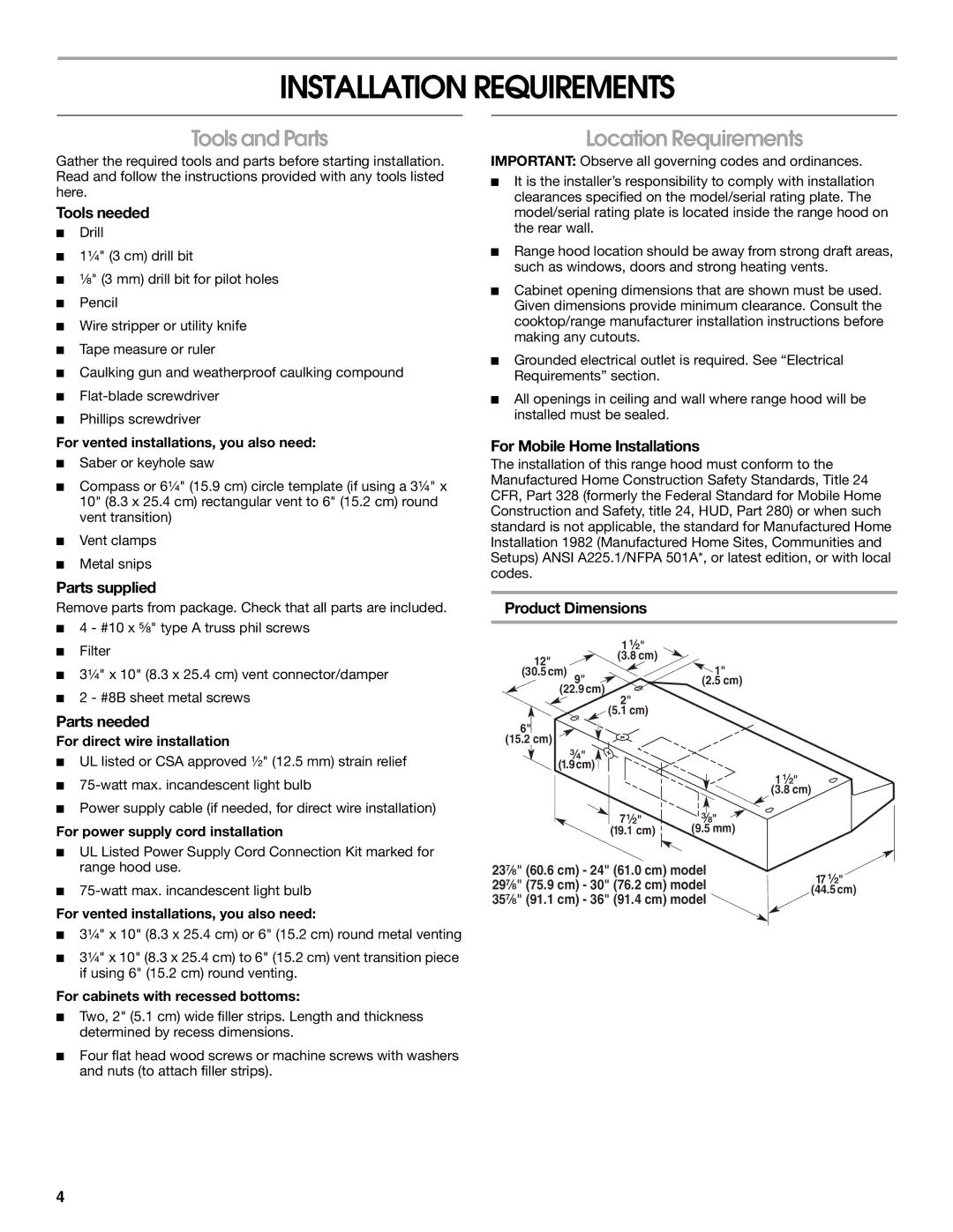 Whirlpool 24 (58 CM), 36 (91.4 CM), 30 (76.2 CM) Installation Requirements, Tools and Parts, Location Requirements 