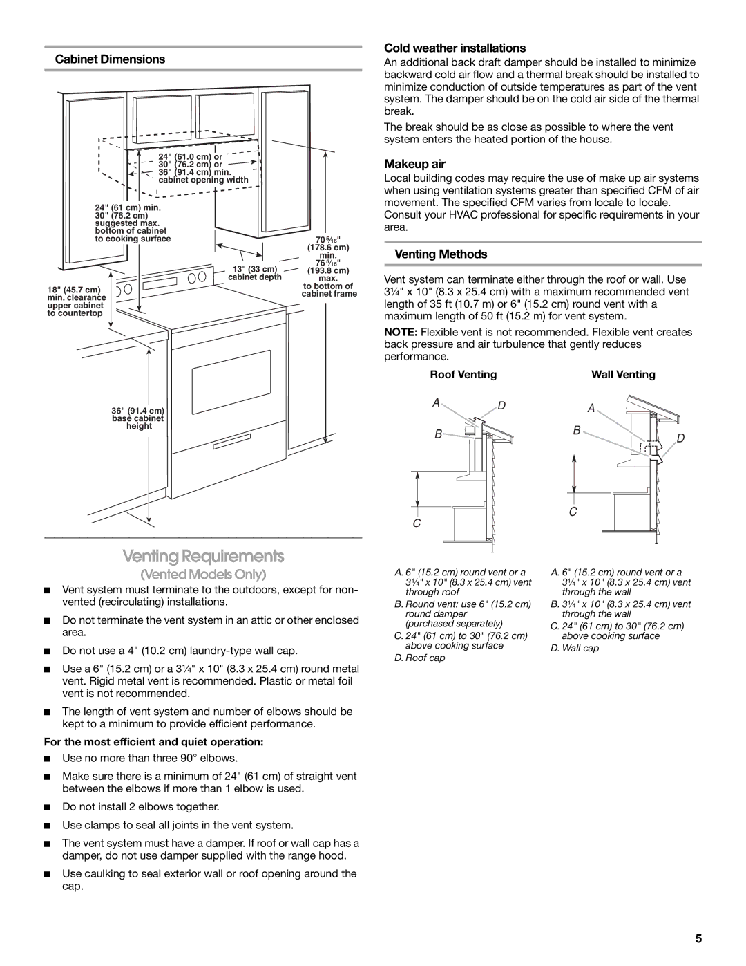 Whirlpool 30 (76.2 CM) Venting Requirements, Cabinet Dimensions, Cold weather installations, Makeup air, Venting Methods 