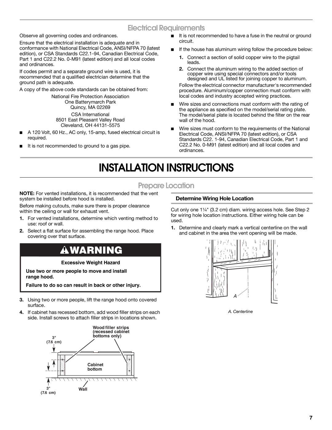 Whirlpool 24 (58 CM) Installation Instructions, Electrical Requirements, Prepare Location, Determine Wiring Hole Location 