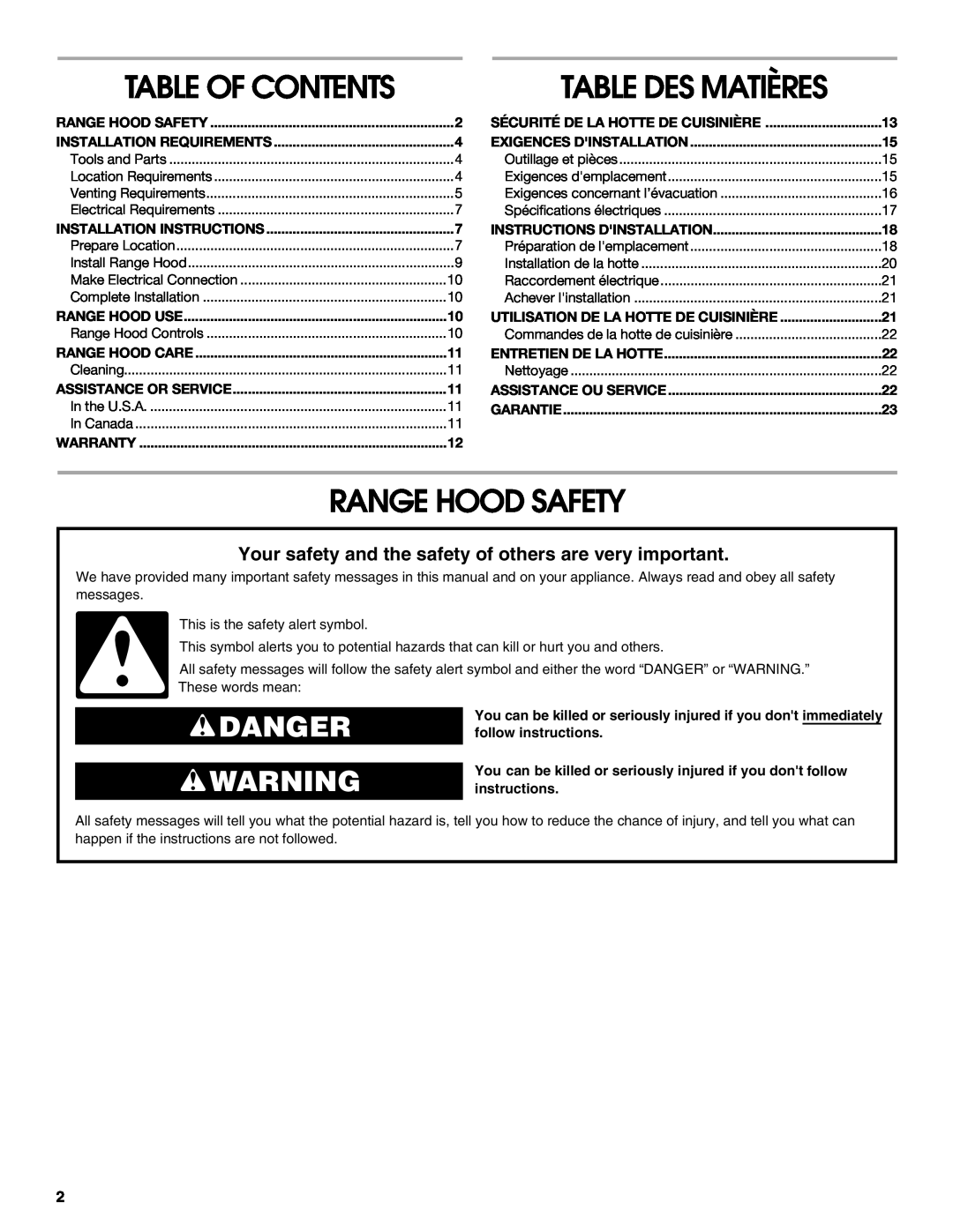 Whirlpool 30" (76.2 CM) Range Hood Safety, Table Des Matières, Danger, Installation Requirements, Range Hood Use, Warranty 