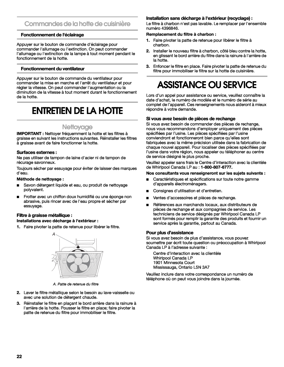 Whirlpool 24" (58 CM) Assistance Ou Service, Entretien De La Hotte, Commandes de la hotte de cuisinière, Nettoyage 