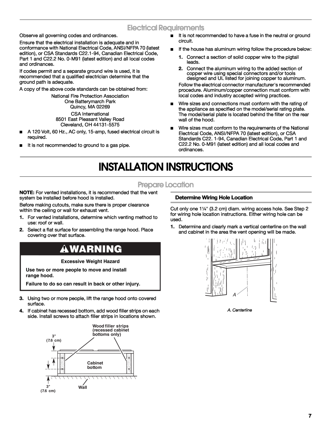 Whirlpool 24" (58 CM) Installation Instructions, Electrical Requirements, Prepare Location, Determine Wiring Hole Location 
