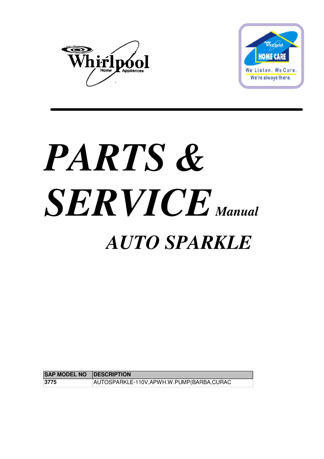 Whirlpool 3775 service manual Auto Sparkle, AUTOSPARKLE-110V,APWH.W.PUMPBARBA,CURAC 