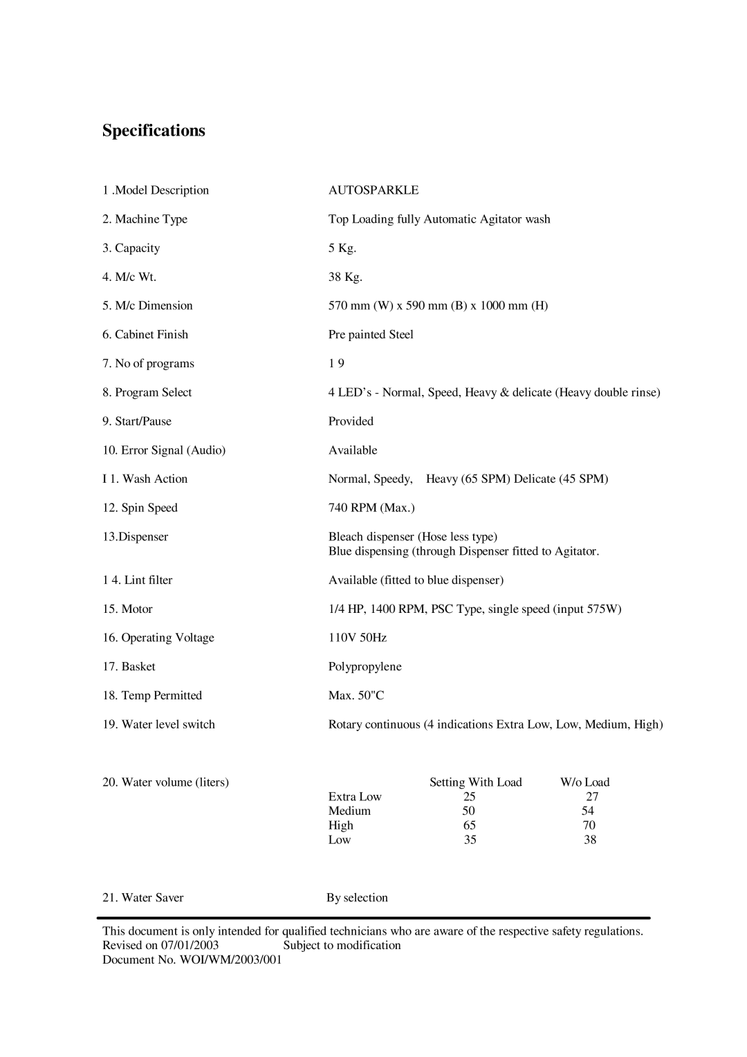 Whirlpool 3775 service manual Specifications, Autosparkle 