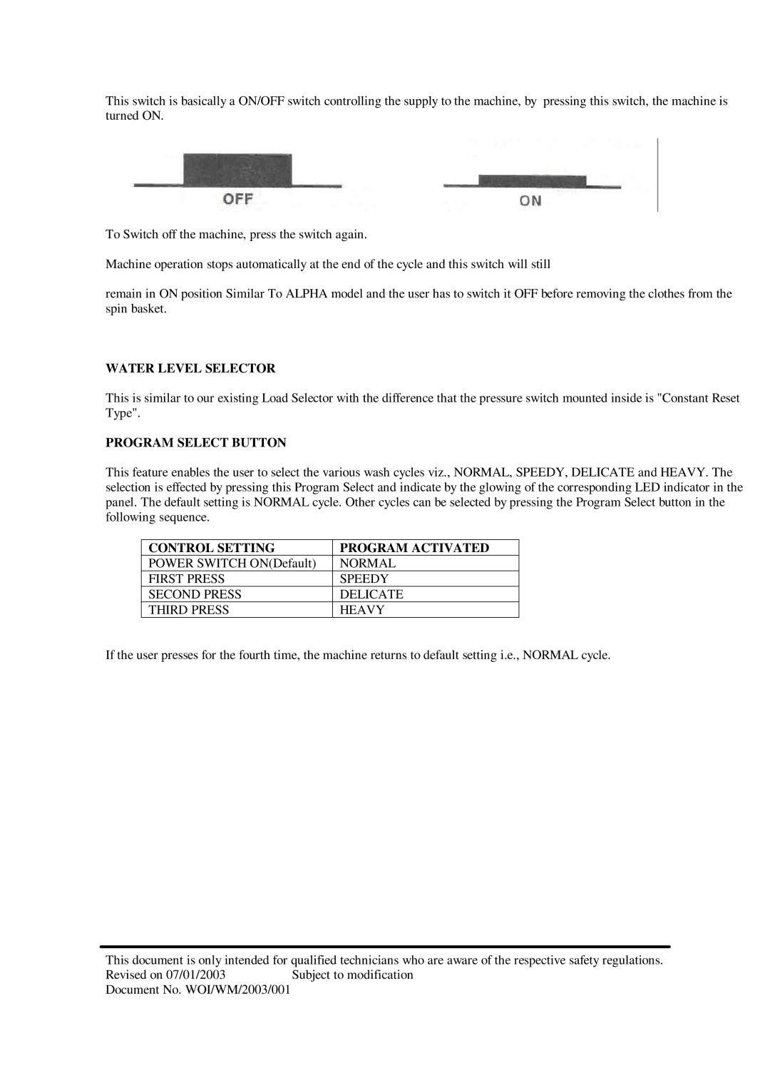 Whirlpool 3775 service manual Water Level Selector, Program Select Button, Control Setting Program Activated, Normal 