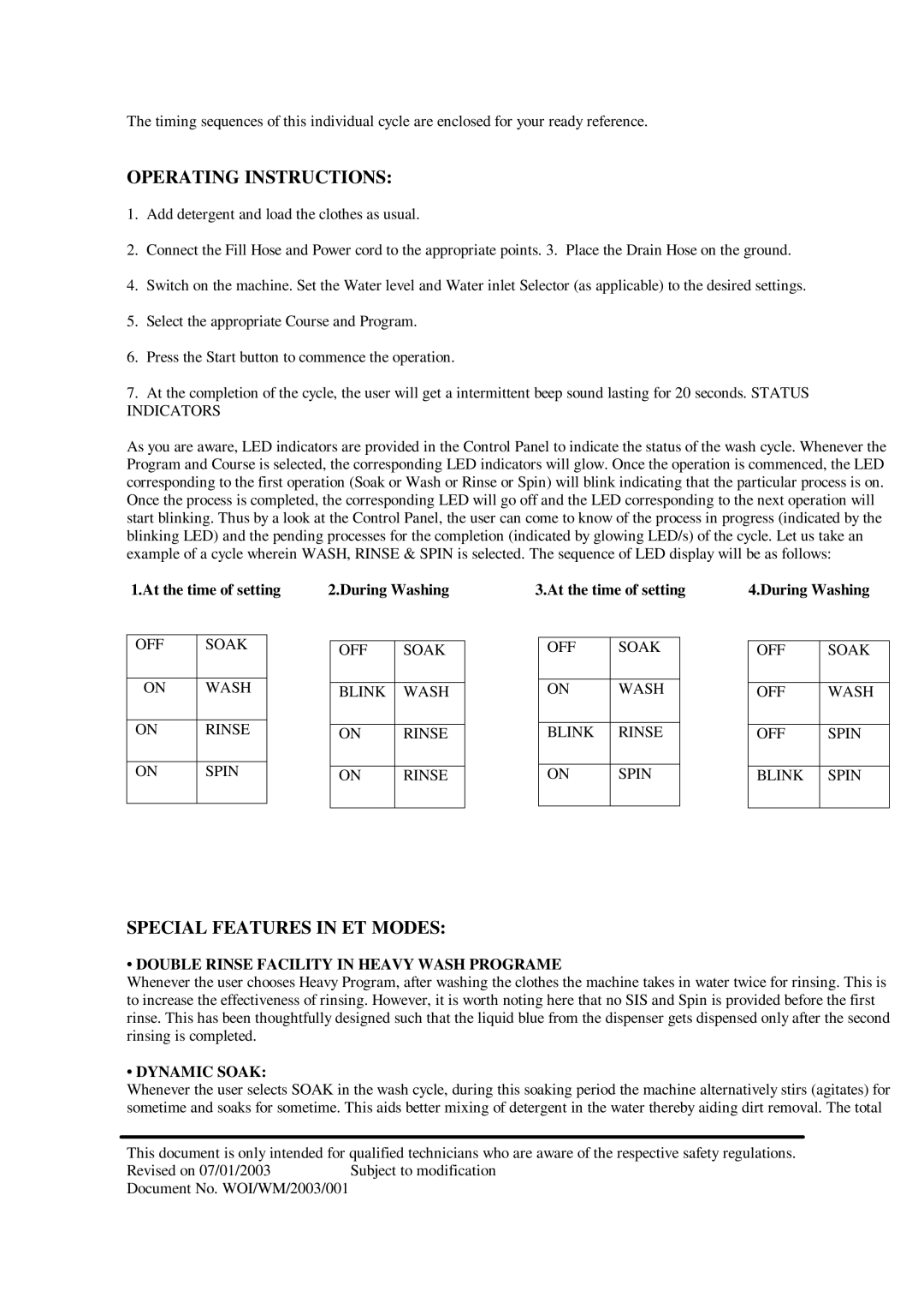 Whirlpool 3775 Operating Instructions, Special Features in ET Modes, OFF Soak Wash Rinse Spin Blink, Dynamic Soak 