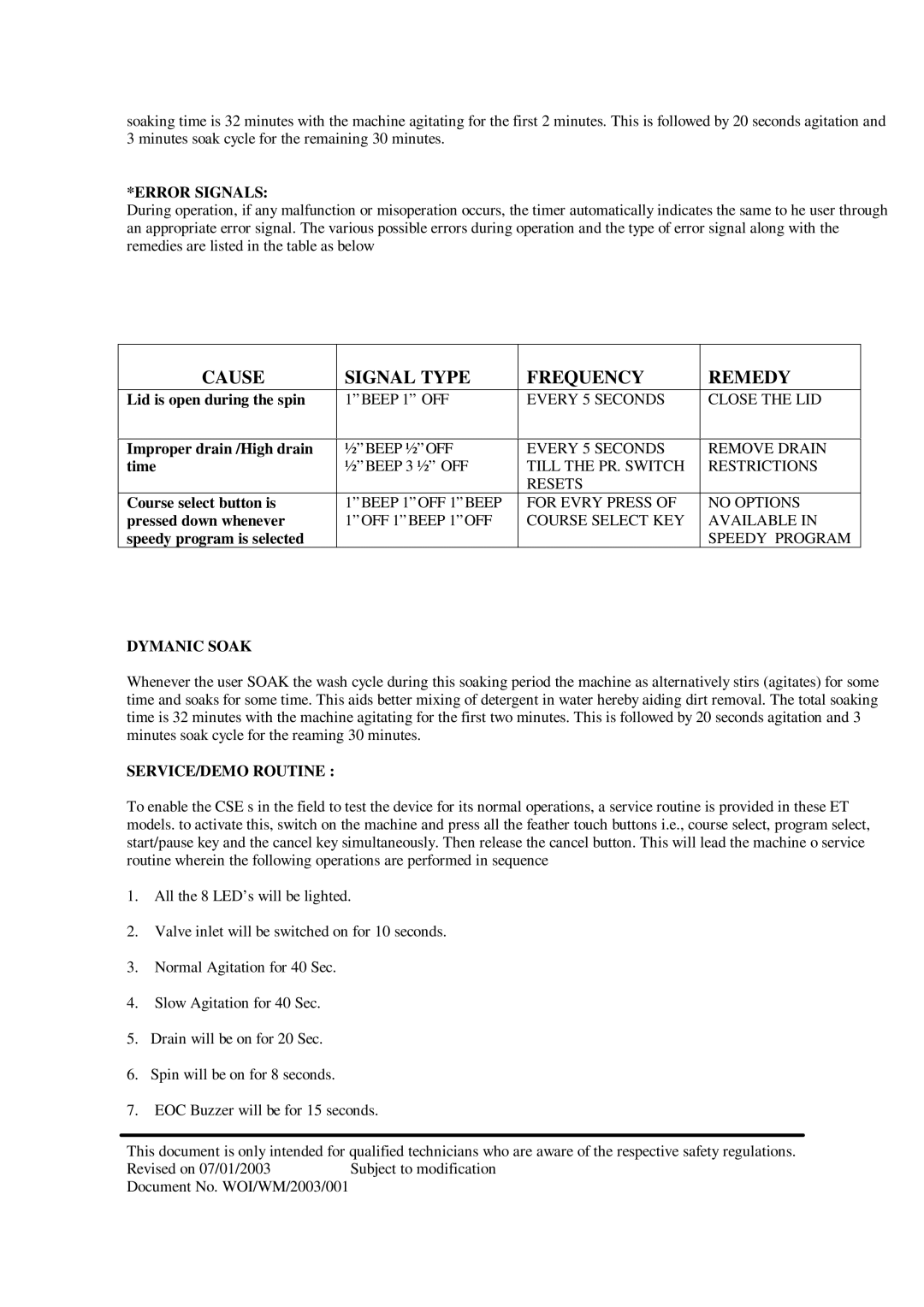 Whirlpool 3775 service manual Cause Signal Type Frequency Remedy, Error Signals, Dymanic Soak, SERVICE/DEMO Routine 