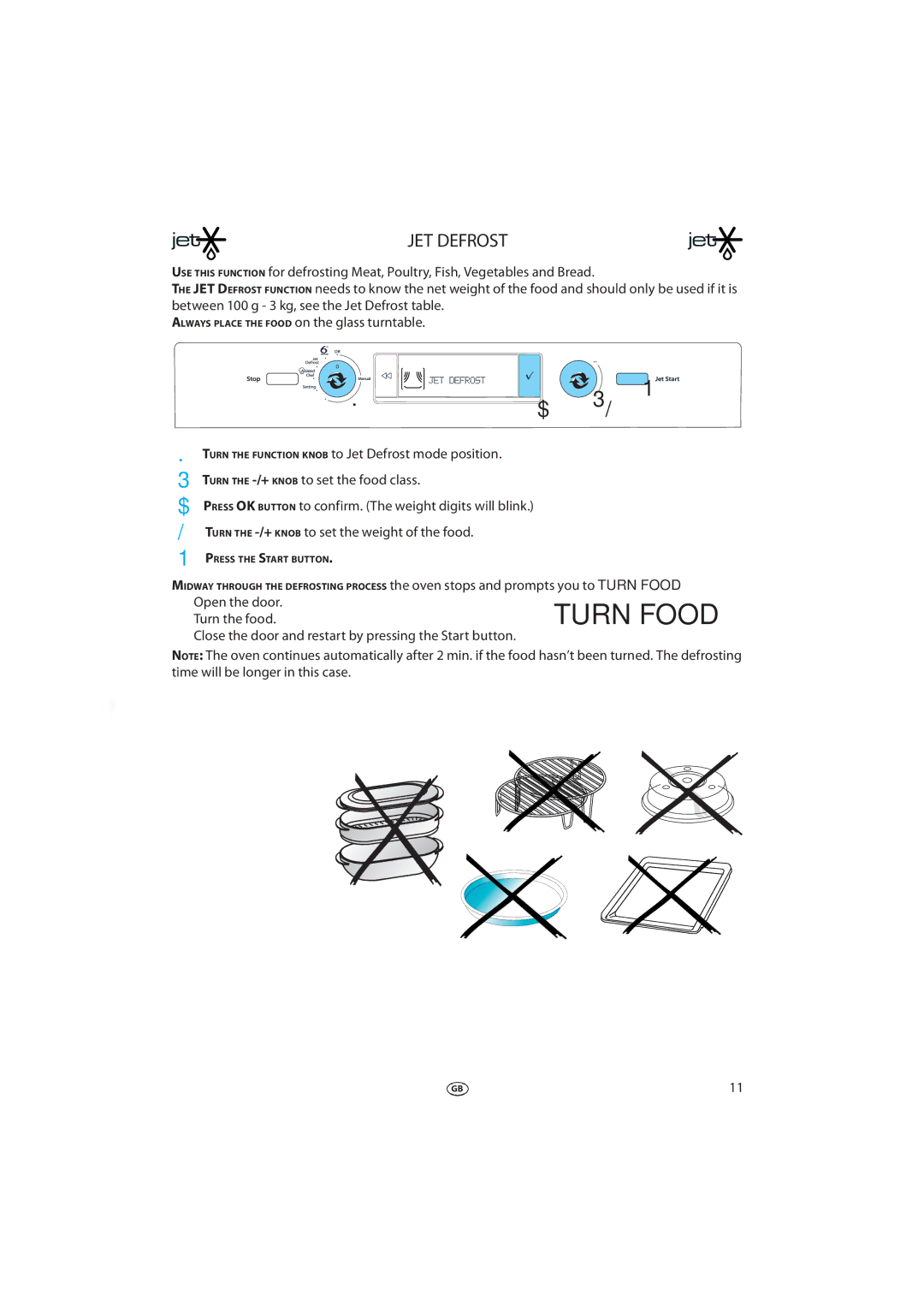 Whirlpool 379 manual JET Defrost, Open the door, Turn the food, Close the door and restart by pressing the Start button 