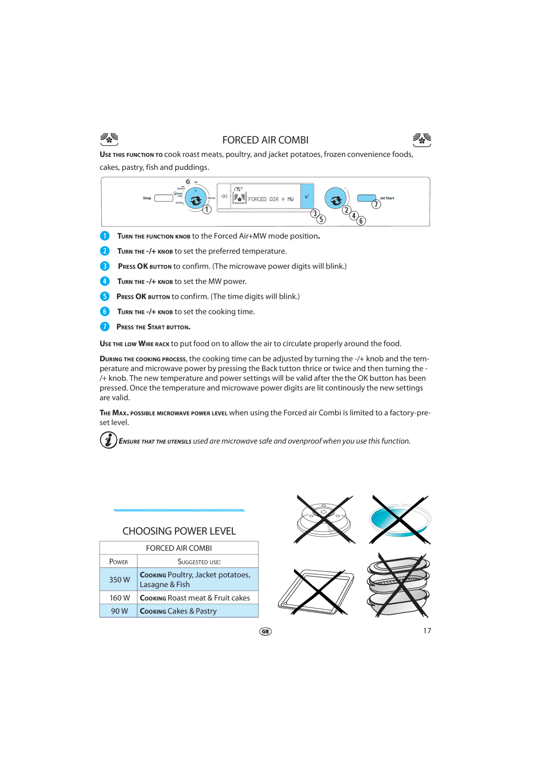 Whirlpool 379 manual Forced AIR Combi, Choosing Power Level, W Cooking Poultry, Jacket potatoes Lasagne & Fish 160 W 
