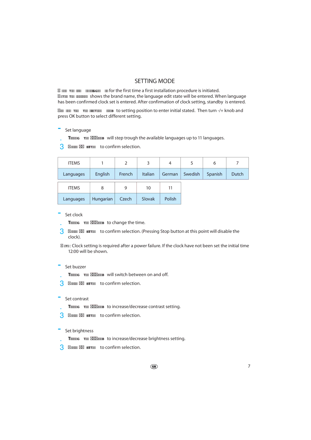 Whirlpool 379 manual Setting Mode, Items 