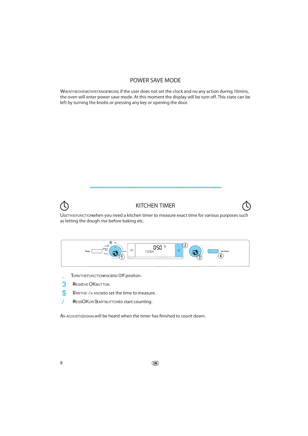 Whirlpool 379 manual Power Save Mode, Kitchen Timer, Turn the -/+KNOB to set the time to measure 